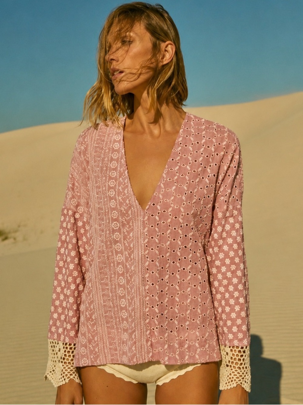 Zara Dusty Rose Embroidered Eyelet Crochet Boho Blouse Top Size S